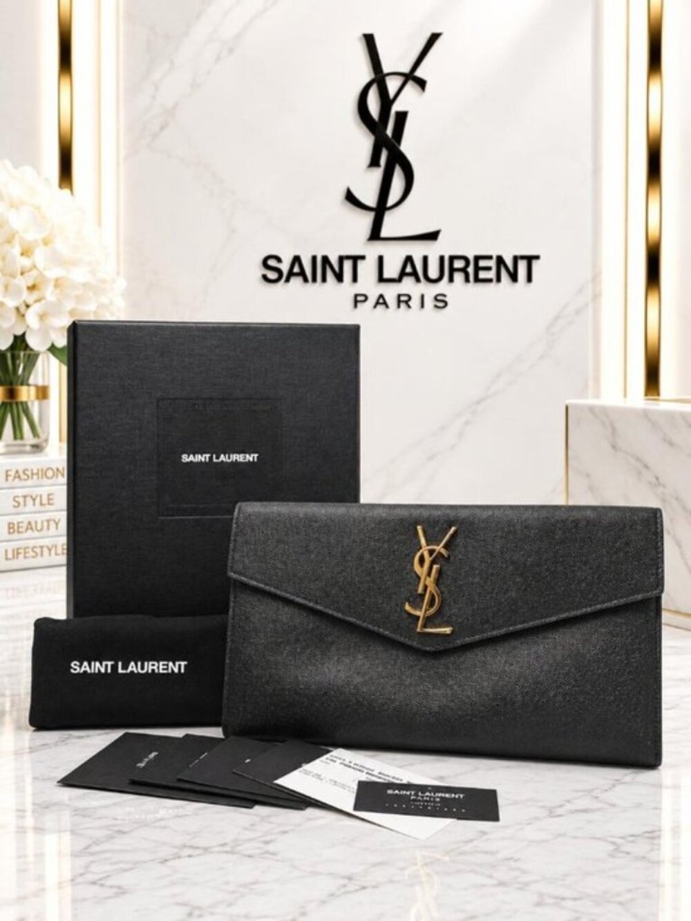 Saint Laurent YSL Uptown Black Leather Envelope Clutch Gold Logo Luxury Bag